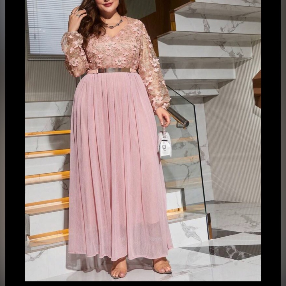 Curvy Floral Embroidery Mesh Overlay Belted Dress - 1XL (14) & 2XL (16)